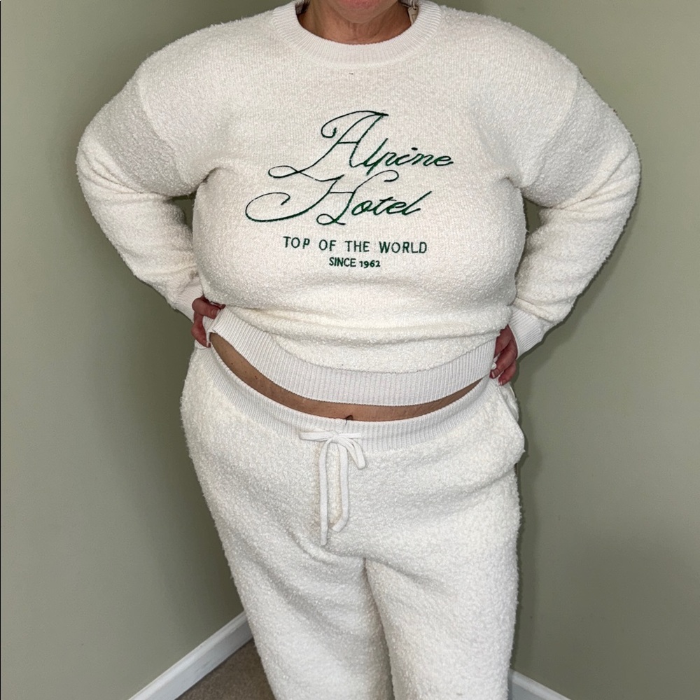 White Fuzzy Embroidered Lounge Set